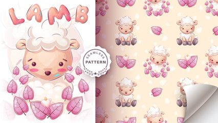 Seamless pattern cartoon character adorable lamb, pretty animal idea for print t-shirt, poster and kids envelope, postcard. Cute hand drawn style