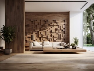 Minimalist interior design of modern rustic entrance hall with abstract wooden room divider generative ai