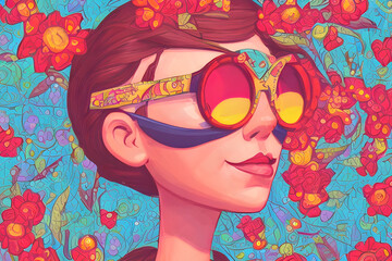 pltn style summer vibes fashion woman. wearing huge sunglasses and red flowers decoration digitale. Generative AI