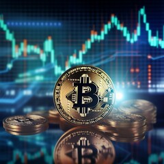 Bitcoin cryptocurrency with upward growth chart. Digital currency trading. wireframe style. Stock vector illustration on a blue background.plexus. AI generated