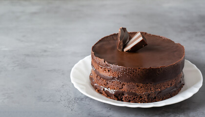Chocolate cake on a white plate. Grey stone background. Copy space.