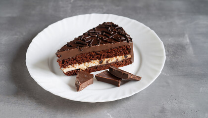 Chocolate cake on a white plate. Grey stone background. Copy space.