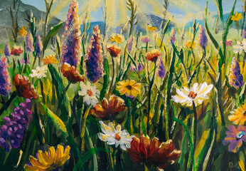 Original oil painting of flowers,beautiful field flowers on canvas. Modern Impressionism.Impasto artwork.