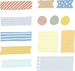 Post it notes and masking tape icons vector set, to do list, text box, tape, decoration, bubble speech, color tape, color post it, sticky note illustrations