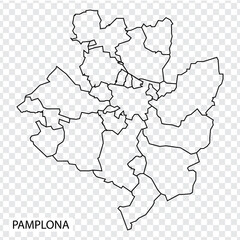 High Quality map of Pamplona is a city in Spain, with borders of the Districts. Map of Pamplona for your web site design, app, UI. EPS10.