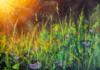 Defocused abstract flowers floral landscape at sunset sunrise oil painting realism. Purple flowers in grass background out of focus illustration art