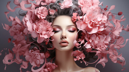 Woman's Ethereal Portrait: Pink Hues Merging with Interior, Abstract Design Concept Prevails