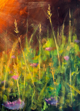 Defocused abstract flowers floral landscape at sunset sunrise oil painting realism. Purple flowers in grass background out of focus illustration art