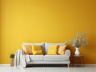 Vibrant yellow empty wall with cozy beige sofa interior design of modern living room generative ai