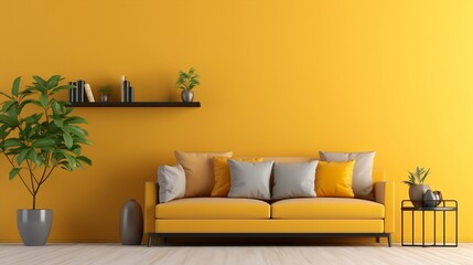 Vibrant yellow empty wall with cozy beige sofa interior design of modern living room generative ai