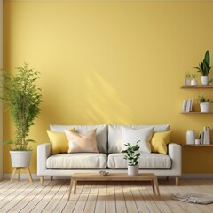 Vibrant yellow empty wall with cozy beige sofa interior design of modern living room generative ai