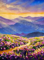 Road between pink purple flower fields in beautiful mountains at sunrise oil painting on canvas. Rays of the sun in a flower meadow among mountains expressionism drawing