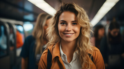 woman commuter is standing in bus and travelling in public transport Generative AI