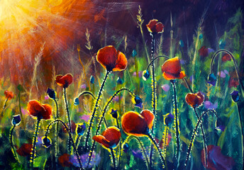 Red poppies in the rays Flowers paintings monet painting claude impressionism paint landscape flower meadow oil