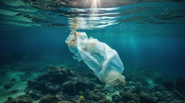 Stop Ocean Plastic Pollution Concept, Environmental Problem Plastic and Microplastic on the Water. Generative Ai