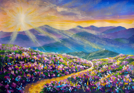 Road between pink purple flower fields in beautiful mountains at sunrise oil painting on canvas. Rays of the sun in a flower meadow among mountains expressionism drawing