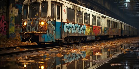 AI Generated. AI Generative. Tunnel abandoned  underground subway train station with old used train rail. Graffiti street art culture crime vibe. Graphic Art