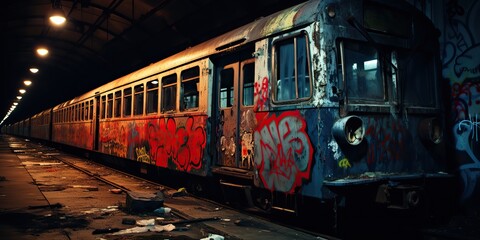 Obraz premium AI Generated. AI Generative. Tunnel abandoned underground subway train station with old used train rail. Graffiti street art culture crime vibe. Graphic Art