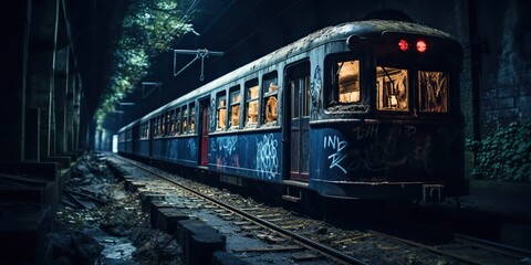 Obraz premium AI Generated. AI Generative. Tunnel abandoned underground subway train station with old used train rail. Graffiti street art culture crime vibe style 