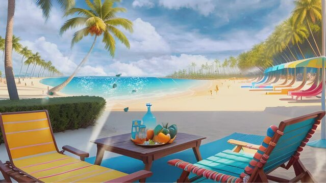 summer vacation mood on the beach and lounge chairs. Cartoon or anime watercolor painting illustration style. seamless looping 4K time-lapse virtual video animation background.