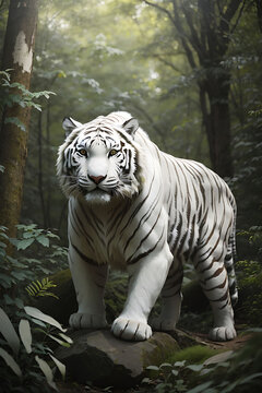 A big white tiger in a forest.
This image is generated with the use of an AI
