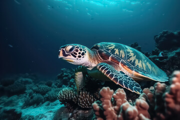 Naklejka na ściany i meble Sea turtle swimming on Maldives. Turtle in the blue sea, looking directly into the camera. Details of head, mouth and eyes, AI