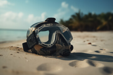 swimming mask on Maldives beach close up, AI
