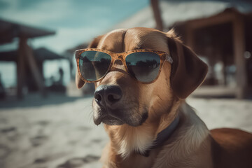Naklejka na ściany i meble dog in sunglasses resting in the maldives, AI