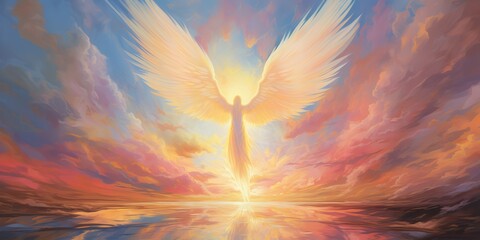 AI Generated. AI Generative. Glowing light flying angel in heaven. Religion spiritual faith mythology vibe. Graphic Art - obrazy, fototapety, plakaty