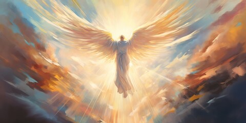 AI Generated. AI Generative. Glowing light flying angel in heaven. Religion spiritual faith christian catholic jesus mythology vibe style