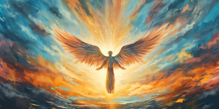 AI Generated. AI Generative. Glowing light flying angel in heaven. Religion spiritual faith mythology vibe. Graphic Art