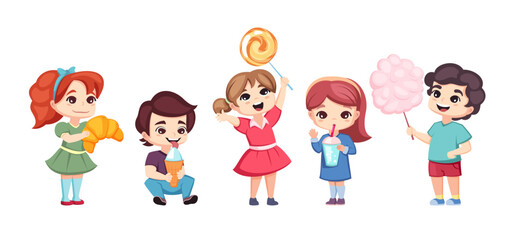 happy kids with candies. cute children with sweets, croisant, . vector cartoon kids characters.