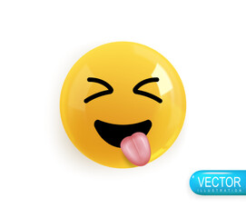 Emoji face smiling and showing tongue. Emotion Realistic 3d Render. Icon Smile Emoji. Vector yellow glossy emoticons.