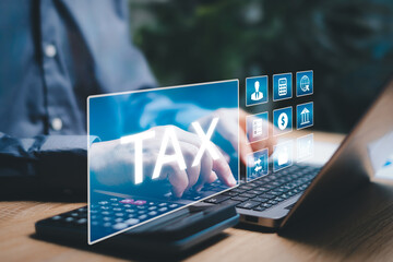Fototapeta na wymiar Government tax payment Individual income tax return concept, Businessman use laptop and calculator for Calculation tax payment financial statement of Business Accounting and data to tax online