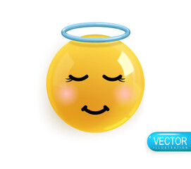 Emoji face angel. Emotion Realistic 3d Render. Icon Smile Emoji. Vector yellow glossy emoticons