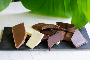 Horizontal shot of dark, milk and white organic chocolate with a Monstera leaf on the background.