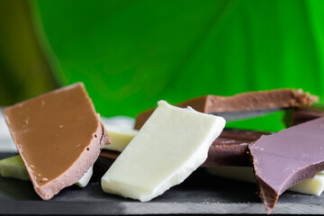 Close up shot of a variety of organic chocolate with a green leaf in the background.