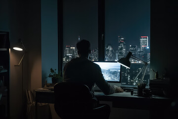 young man working on laptop in modern appartment, checking email in morning, AI.