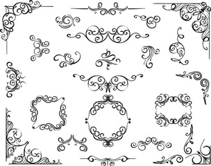 set of black hand drawn decorative corners with botanical design elements 