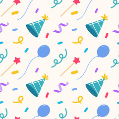 Seamless pattern bitrhday party in cartoon style isolated on yellow background. 