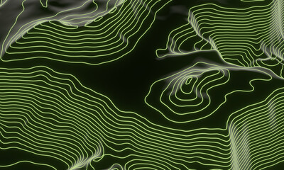 3D green contour layers. Futuristic data. Topographic contour map.