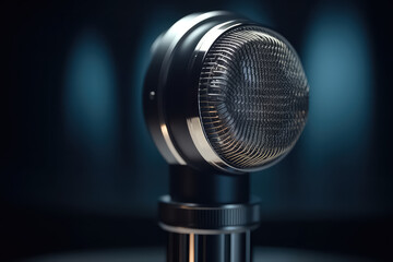 Fototapeta na wymiar microphone against blur colorful light club background. AI