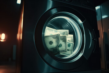 Fototapeta na wymiar close up of pile of dirty money placed in washing machine, AI