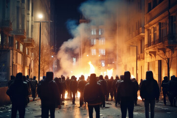Cloaked Commotion: Unfolding City Riots. Generative AI - obrazy, fototapety, plakaty