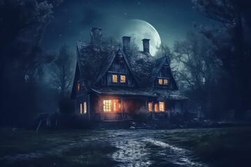 Fototapeta na wymiar Dark spooky mystical bat castle, scary gloomy halloween mansion, AI
