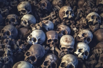 Collection of skulls and bones covered with cobwebs and dust in the catacombs , AI