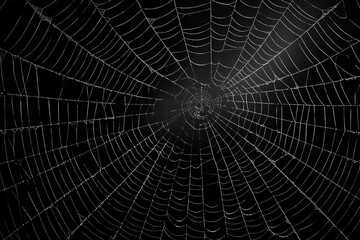 Fototapeta premium Spider web on black darkness, halloween background, AI