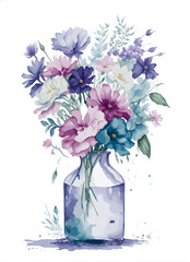 Vase of colourful flowers clipart transparent background scattered watercolour wallpaper poster decoration illustration Generative AI