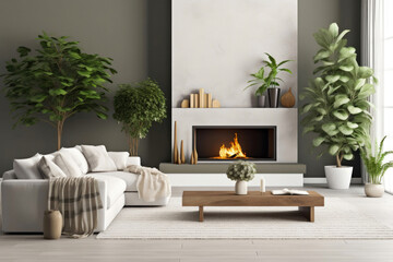 Sleek Contemporary Living Room with Dual Plant Accents and Cozy Fireplace. Generative AI