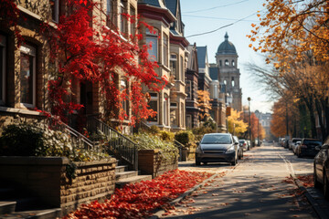 Naklejka premium Autumn city landscape, orange golden foliage, fall wallpaper, AI Generated